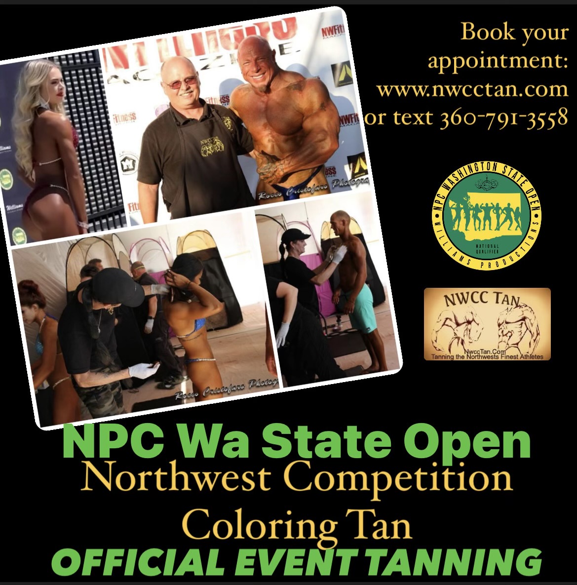 Collage of Bill Willyerd and Northwest Competition Coloring team tanning competitors at the NPC WA State Open.