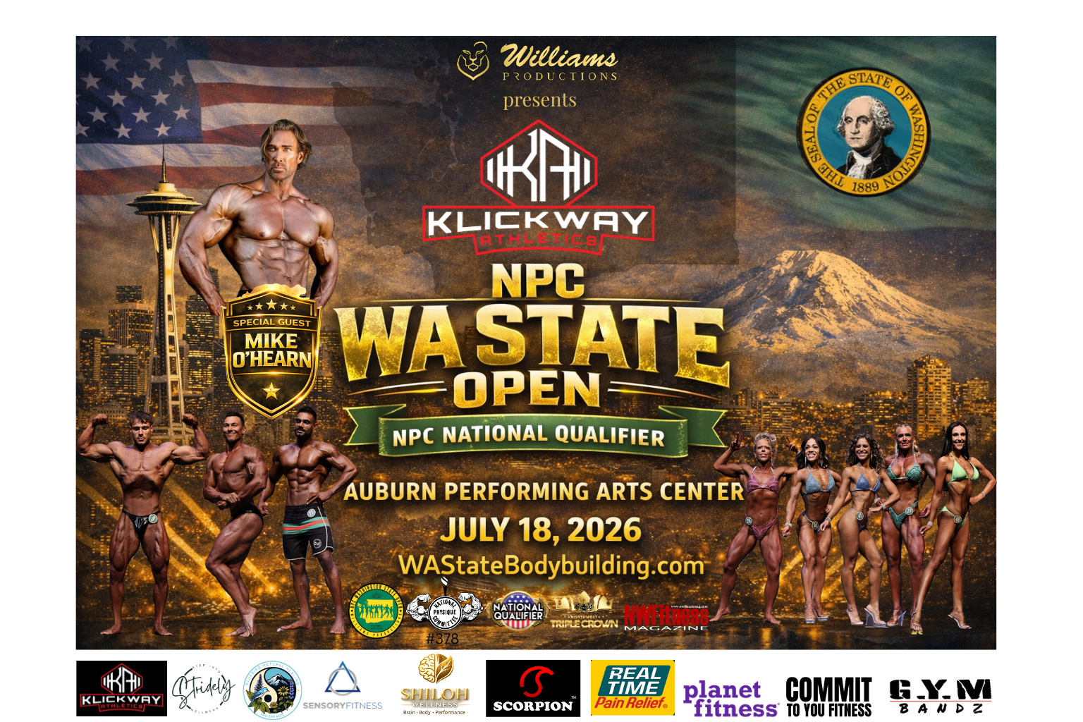 Promotional poster for the KlickWay NPC Washington State Open 2026 bodybuilding competition featuring Mike O’Hearn, athletes on stage, Seattle skyline, and event details at Auburn Performing Arts Center.