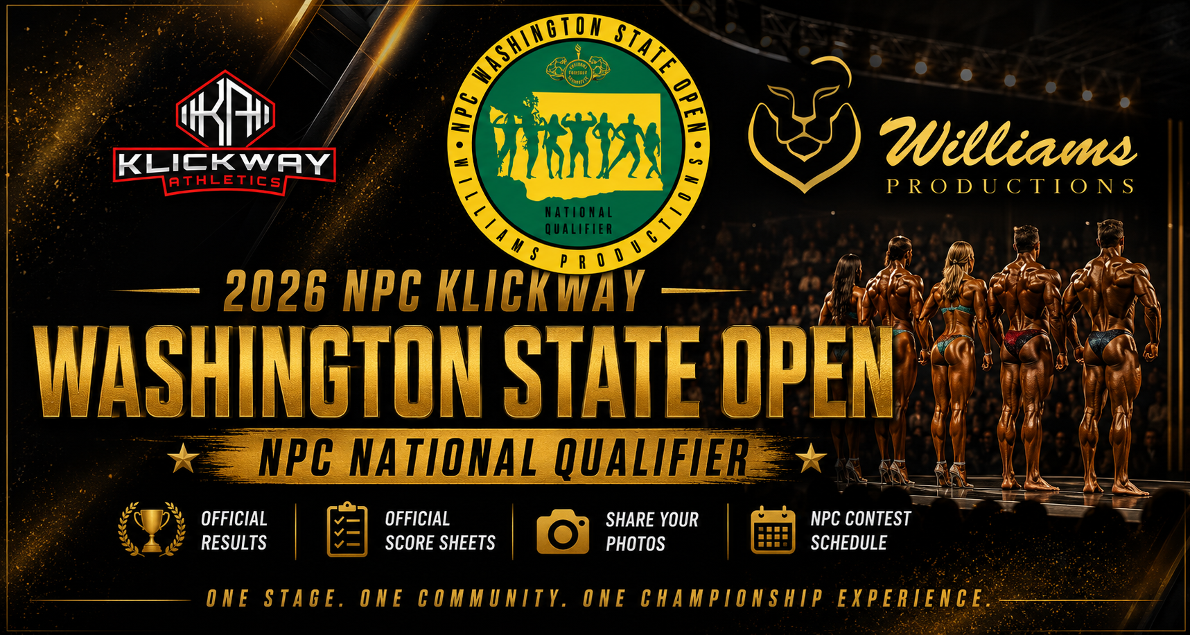 2026 NPC Klickway Washington State Open homepage banner featuring the official Washington State Open, Klickway Athletics, and Williams Productions logos with NPC competitors onstage.